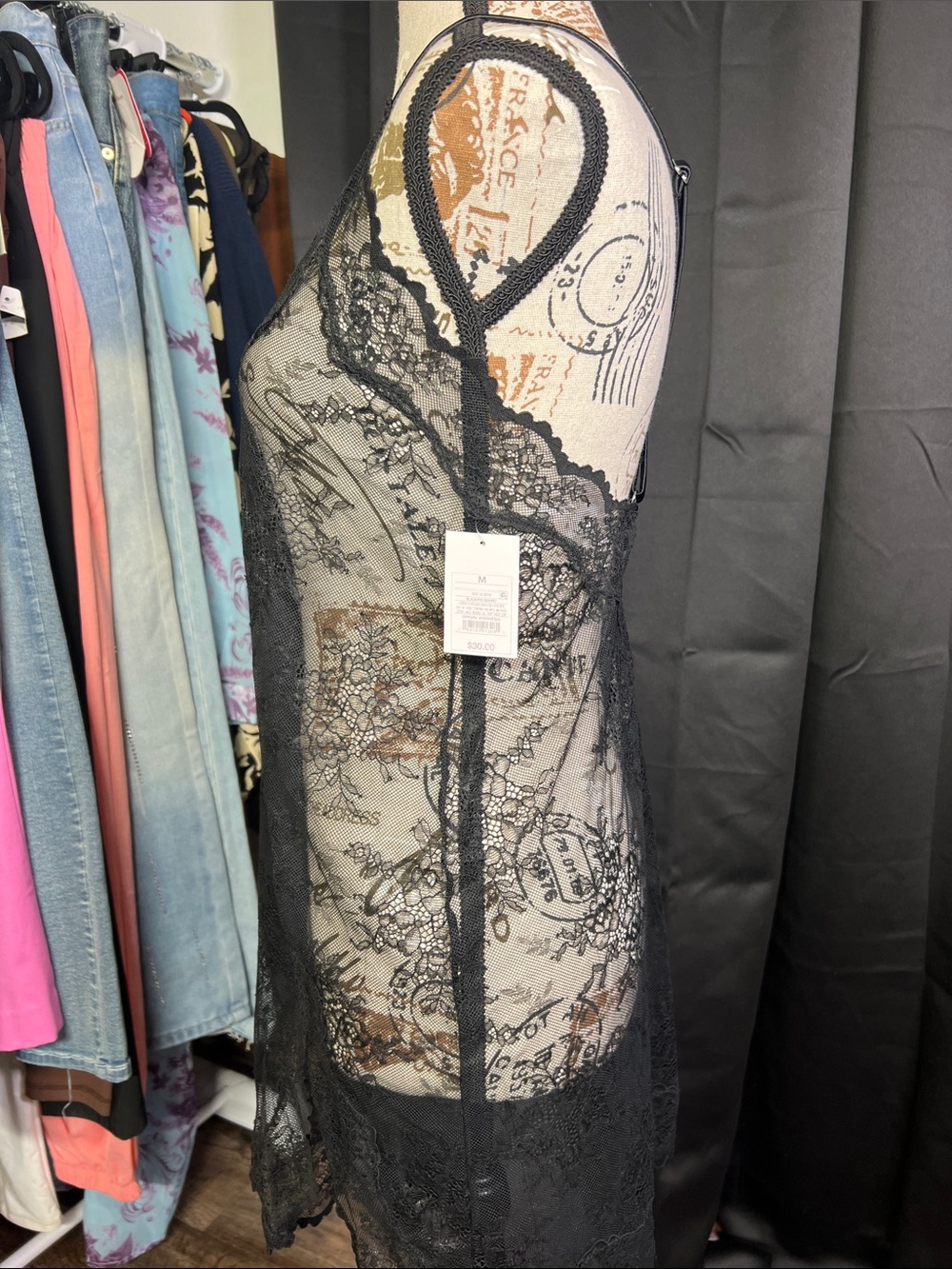 Auden Black Sheer Lace Chemise with Script Overlay - Picture 3 of 6